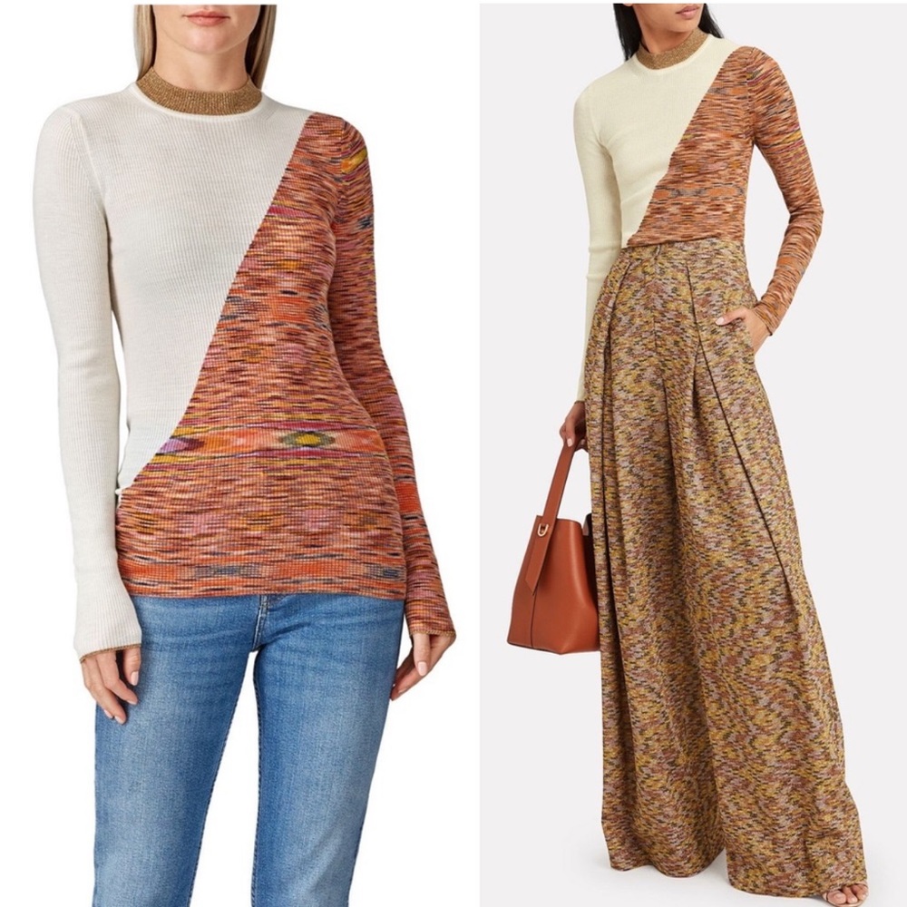 MISSONI Wool Asymmetrical Colorblock Fine Rib Knit Fitted Long Sleeve Sweater XS